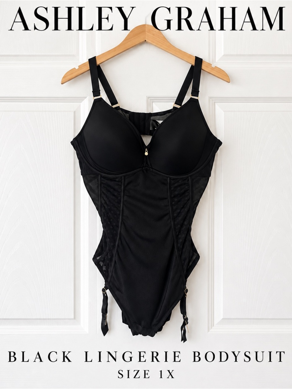 Ashley Graham Black Supportive Lingerie Bodysuit with Garter Details